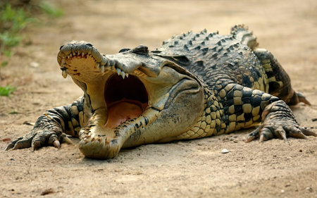 Crocodile lying on the ground with open mouth and teethの素材