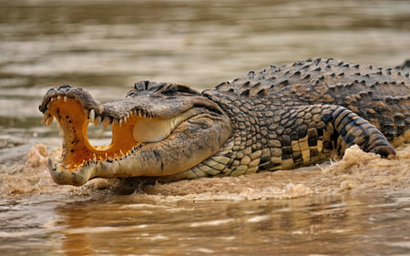 Crocodile with open mouth in Chobe National Park, Botswana, Africaの素材