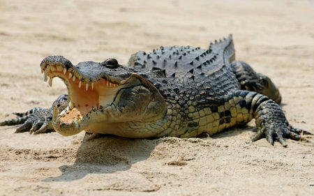 Crocodile with open mouth on the sand. Close up.の素材