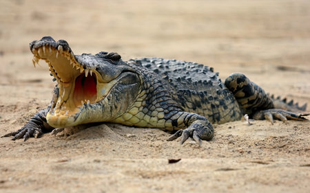 Crocodile with open mouth on the sand, Thailand.の素材