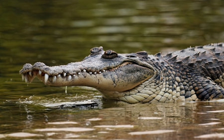 Close up of a crocodile with open mouth in the water.の素材