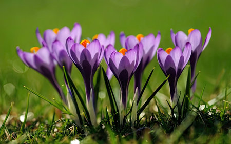 Purple crocus flowers in the grass. Early spring. Europe.の素材