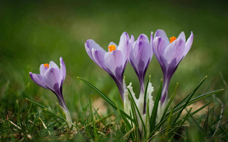 Purple crocuses on a green meadow in springtimeの素材