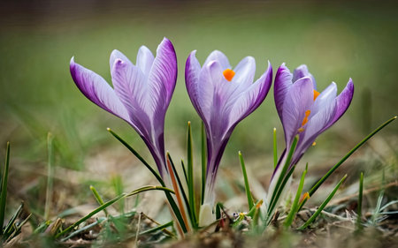 Beautiful crocus flowers growing in the garden. Early spring.の素材