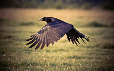 Raven in flight on a meadow in the morning light. Close up.の素材