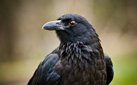 Close-up portrait of a black raven (Corvus corax)の素材