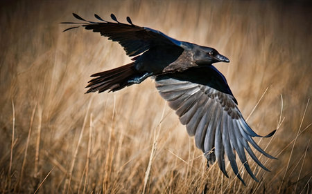 Raven, Corvus corax, single bird in flight, Warwickshireの素材