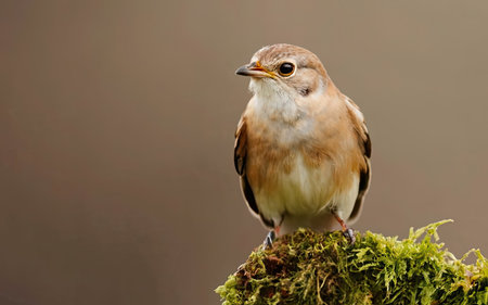 Female Whitethroat (Luscinia svecica) perched on a mossy branchの素材