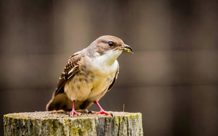 A closeup shot of a sparrow bird on a wooden postの素材
