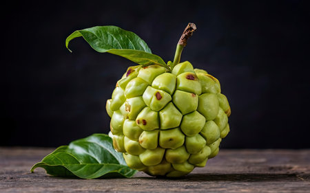 Custard apple on wooden table. Sweet fruit on black background.の素材