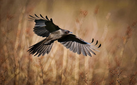 Black crow, Corvus monedula, single bird in flight, Warwickshireの素材