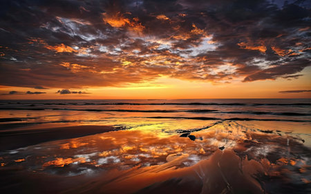 Beautiful sunset on the beach with clouds and reflection in water.の素材