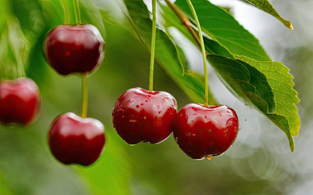 Cherries hanging on a cherry tree in a garden in summerの素材