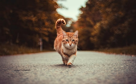 Ginger cat running on the road in the autumn forest. Cute pet.の素材