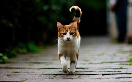 Domestic cat walking on the street. Selective focus. Shallow depth of fieldの素材