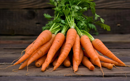 Bunch of fresh carrots with green leaves on a wooden background.の素材
