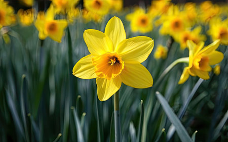 Yellow daffodils in the garden. Springtime. Selective focus.の素材