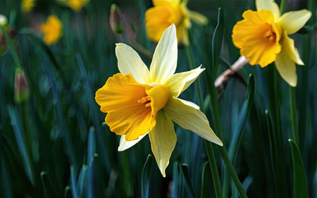 Yellow daffodils in the garden. Spring flowers. Nature background.の素材