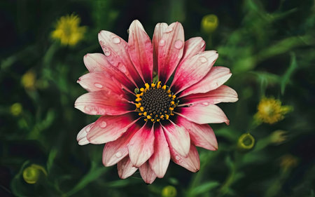 Beautiful colorful flower with water drops on petals in the gardenの素材