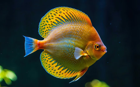 Close up of a discus fish swimming in an aquarium with copy spaceの素材