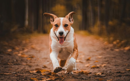 Dog breed Welsh Corgi running in the autumn forest. Portraitの素材