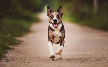 Portrait of a purebred dog running on a country road.の素材