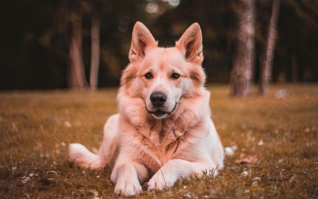 Portrait of a red dog lying on the grass in the parkの素材