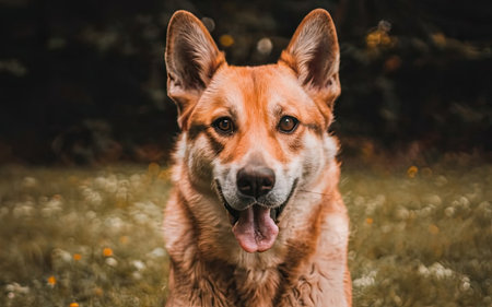 Portrait of a red dog on a background of green grass.の素材