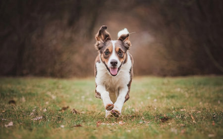 Portrait of a border collie dog running in the park.の素材