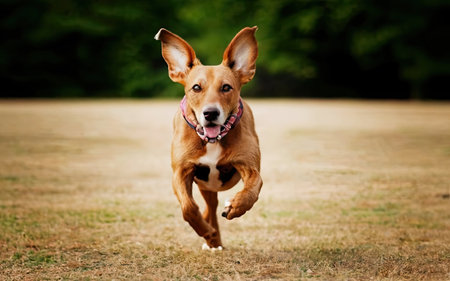 Beautiful red dog running in the park on a sunny day.の素材