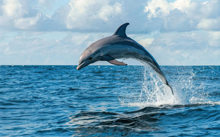 Dolphins jumping out of the water in the ocean. Dolphins jumping out of the water.の素材