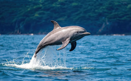 Dolphins jump out of the water on a sunny summer day.の素材