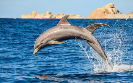 Dolphins jumping out of the water, Sardinia, Italy.の素材