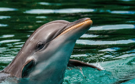 dolphin in the pool close-up portrait on green water backgroundの素材