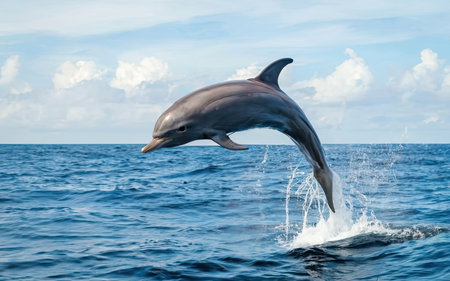 Dolphins jumping out of the water on the background of the seaの素材