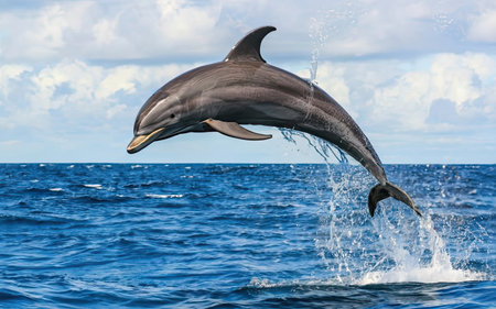 Dolphins jumping out of the water on the background of the seaの素材