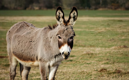 Donkey in a meadow looking at the camera with a blurred backgroundの素材