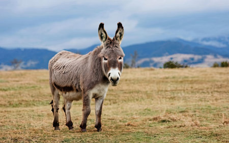 Donkey in the field with mountains in the background, South Africaの素材