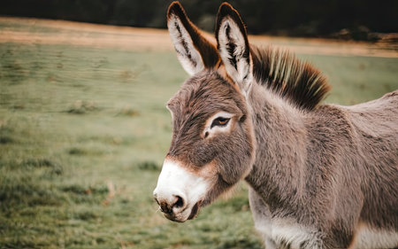Portrait of a donkey on a meadow in the countryside.の素材
