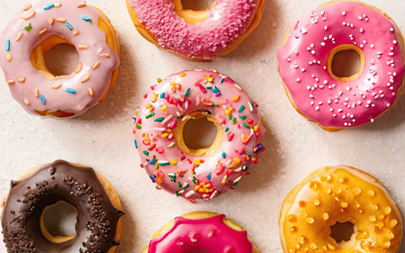 Delicious donuts with sprinkles on light background, top viewの素材
