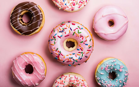 Colorful donuts with sprinkles on pink background, top viewの素材