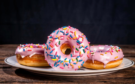 Delicious donuts with pink icing and sprinkles on wooden tableの素材