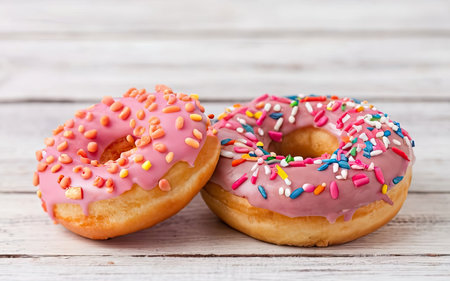 Delicious donuts with pink icing on white wooden table, closeupの素材