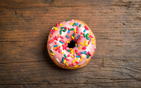 Donut with colorful sprinkles on wooden background. Top view.の素材