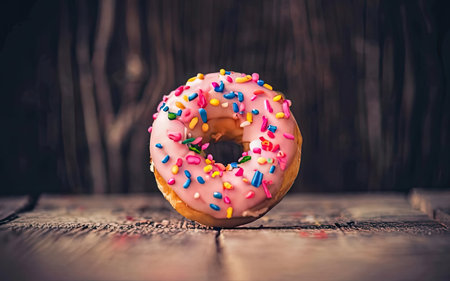 Donut with pink glaze and colorful sprinkles on wooden backgroundの素材
