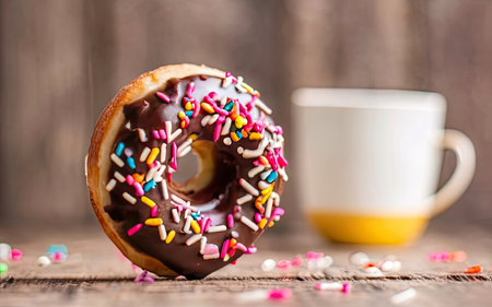 Donut with sprinkles and cup of coffee on wooden background.の素材