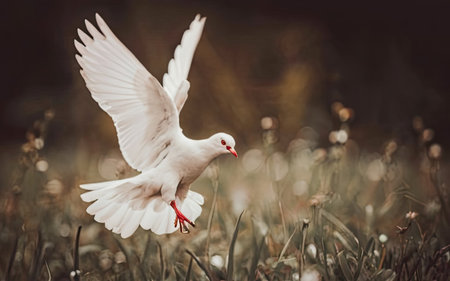 White dove flying in the air on the background of green grass.の素材