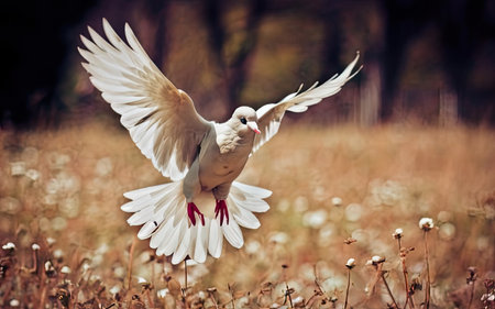 Pigeon flying in the meadow. Selective focus.の素材