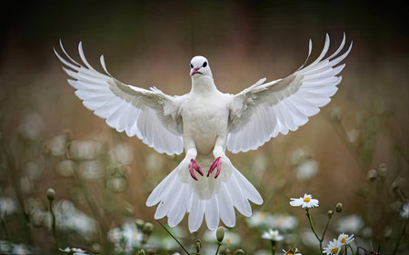 Pigeon in flight on a background of daisies.の素材
