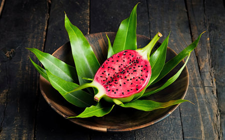 Dragon fruit on wooden background. Tropical fruit. Healthy food concept.の素材